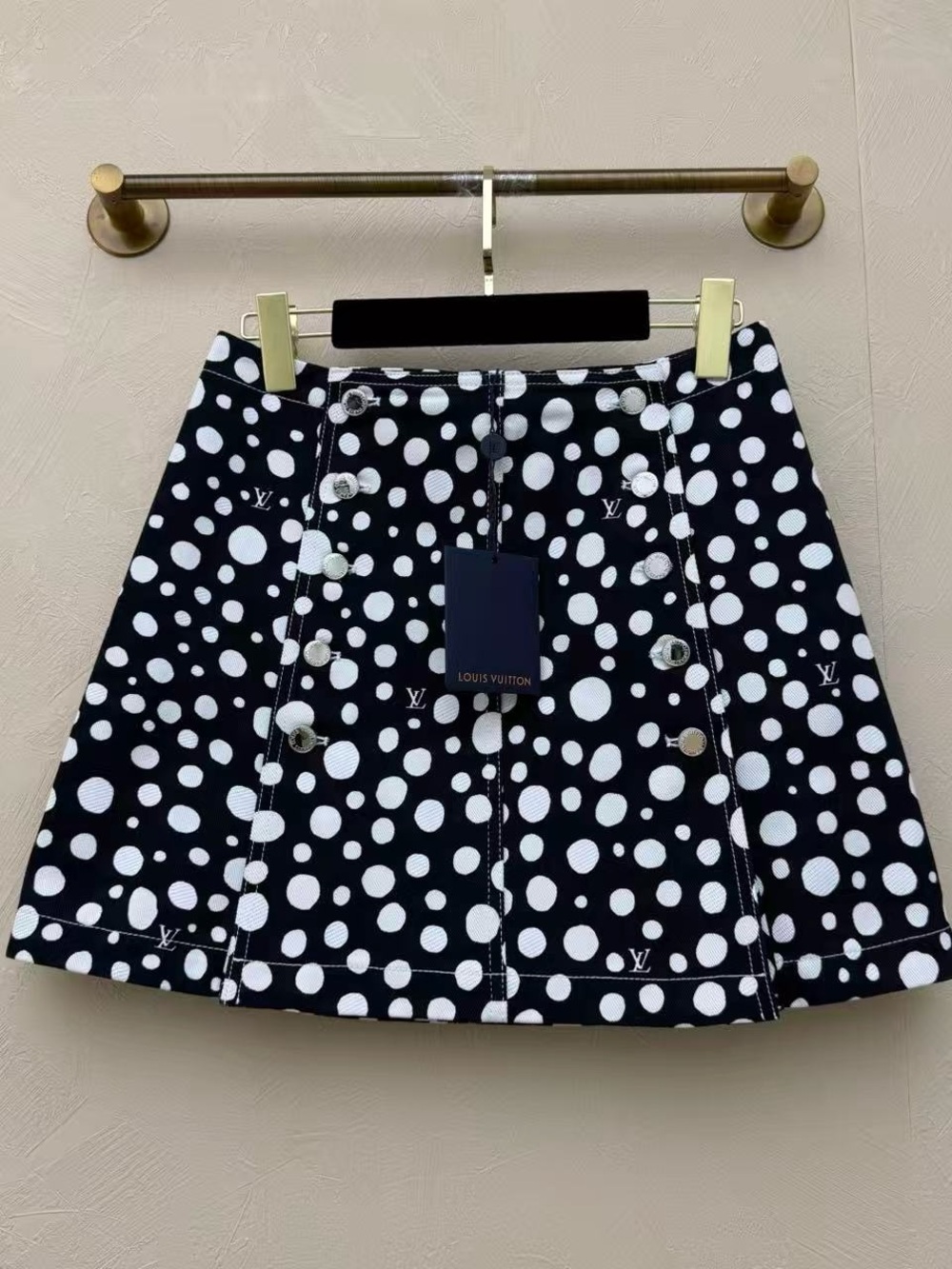 🚩steal Louis Vuitton Black and White Polka Dot A-Line Skirt with Button Detail